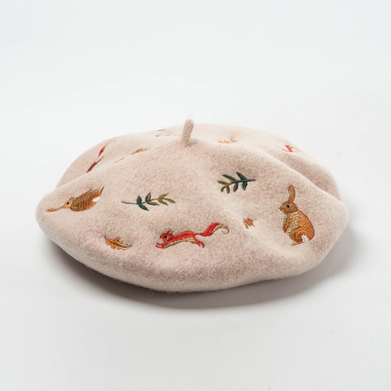 Boina bordada con hojas de ardilla y conejo Mori para mujer, gorro de lana de Cachemira, cálido, a la , para artista francés, Invierno: 1