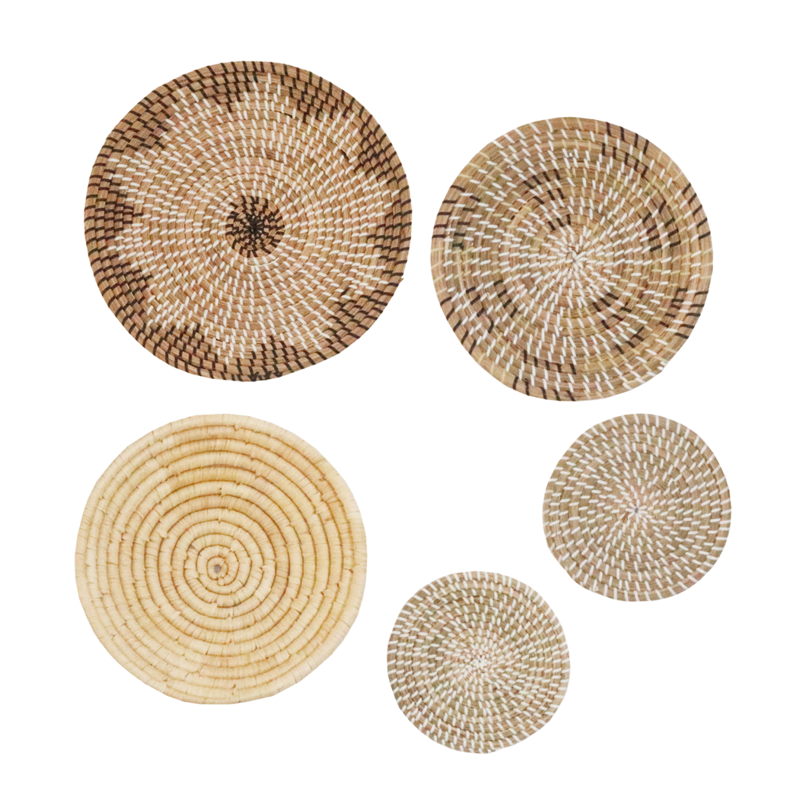 5PCS Woven Basket Wall Decor Wicker Wall Hangings Boho Art Home Décor Round Woven Wicker Baskets Different Sizes 8 To 14 Inch