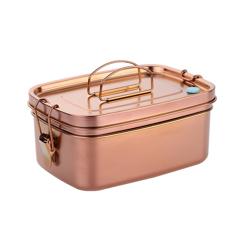Double layer bento Lunch box stainless steel kitchen tableware Food Container dinner ware with Cover metal food serving tools: Rosegold