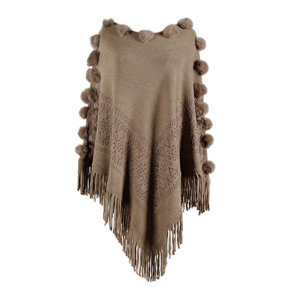 Rund hals cape poncho tröjor dam vinter stickad tofs solid hårboll capes sjal kappa ponchos elegantes höstkappa sjal: Brun
