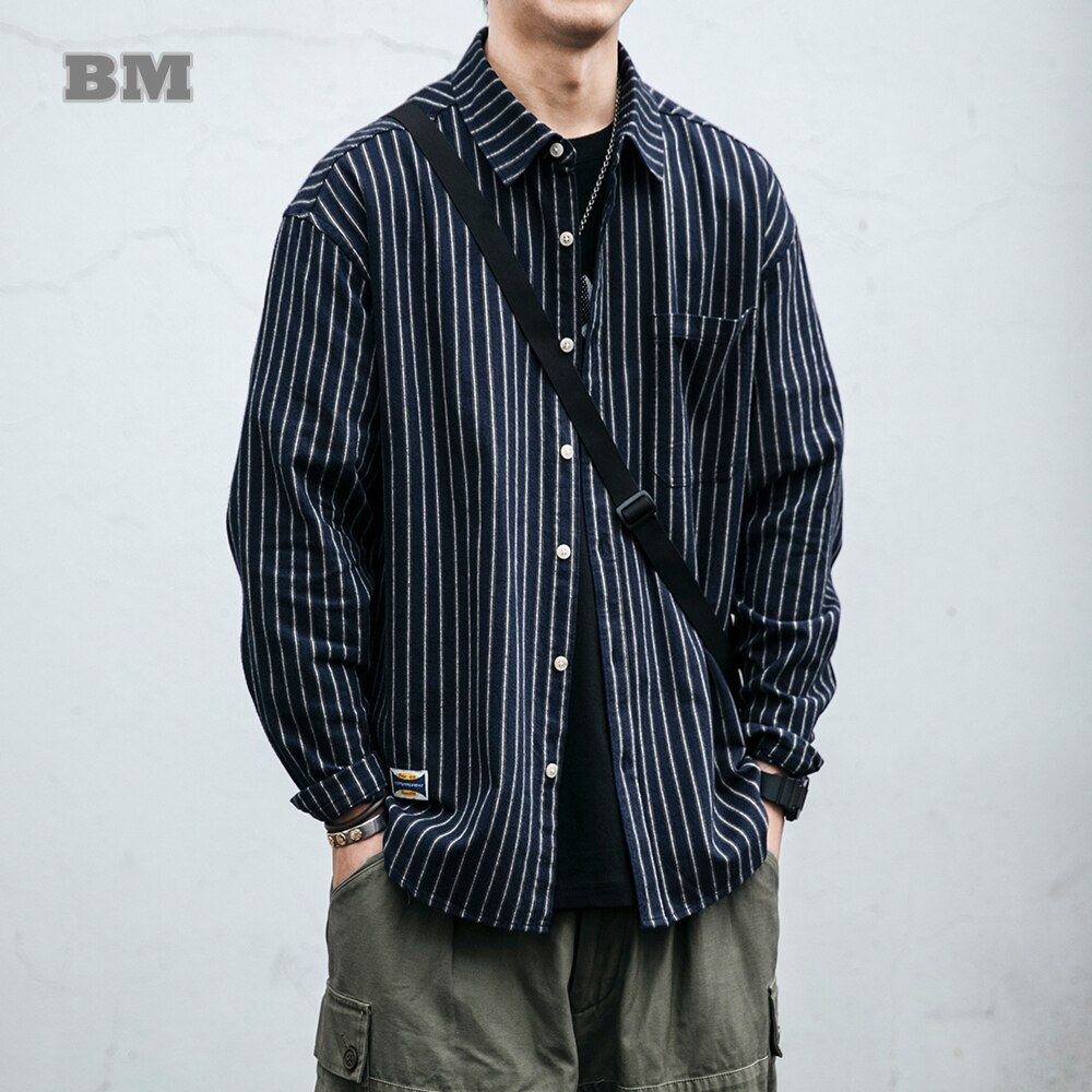 2022 Japanese Streetwear Striped Shirts Harajuku Casual Coat Men Clothing Classic Long Sleeve Male Shirt