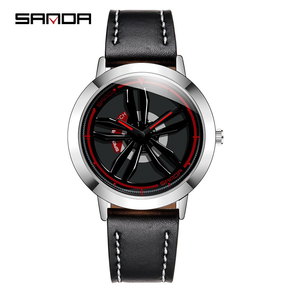 Rotating Wheel Dial Men Watches Car Rim Sports Quartz Watches Waterproof Leather Band Watches Relogio Masculino: With scale silver