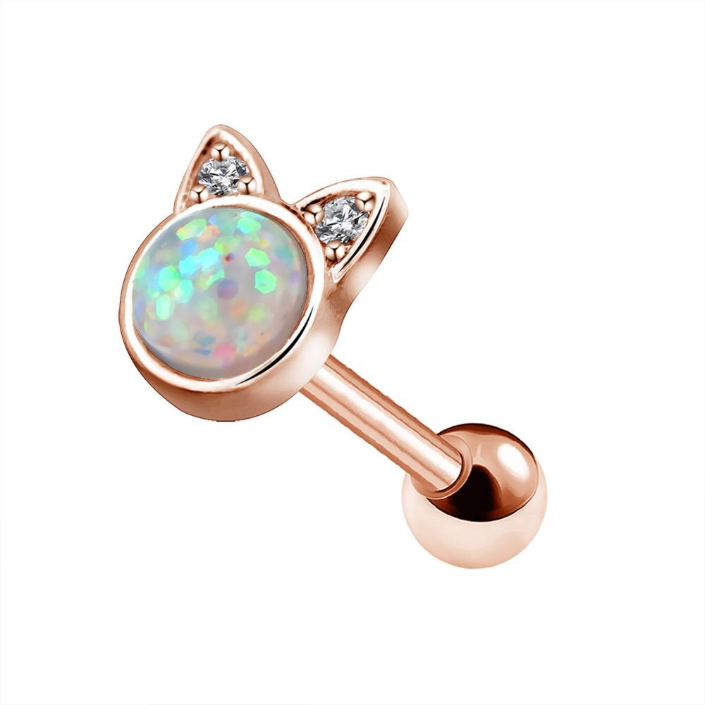 Body Punk 16g Cute Cat Cartilage Earring Opal Center Tragus Helix Stud Conch Rings Body Piercing Earring: rosegold