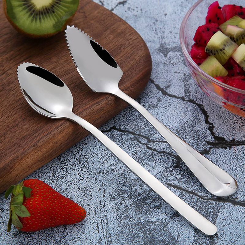 Rvs Grapefruit Apple Fruit Lepels Puree Lange Handvat Multi-Functionele Babyvoeding Bereiden Tool Zaagtand Schraper Lepel