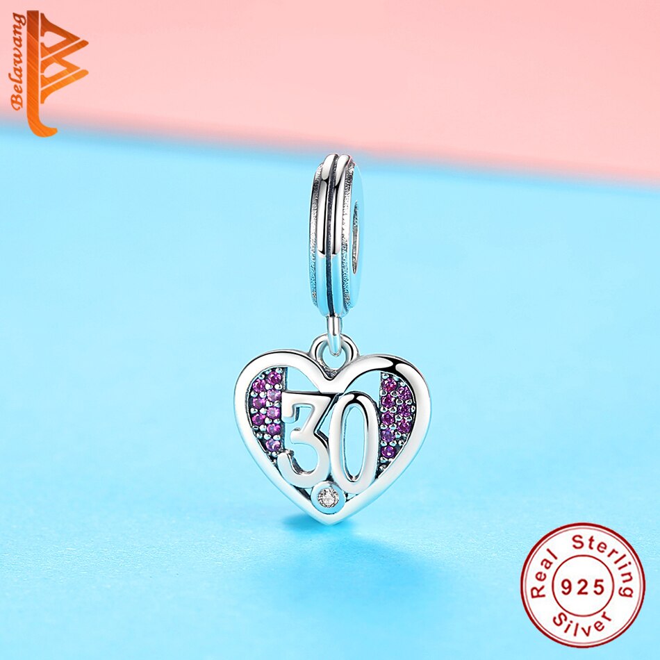 BELAWANG European 100% 925 Sterling Silver Heart 30 Years Age CZ Charms Fits Brand Bracelets Pendant For Women DIY Fine Jewelry