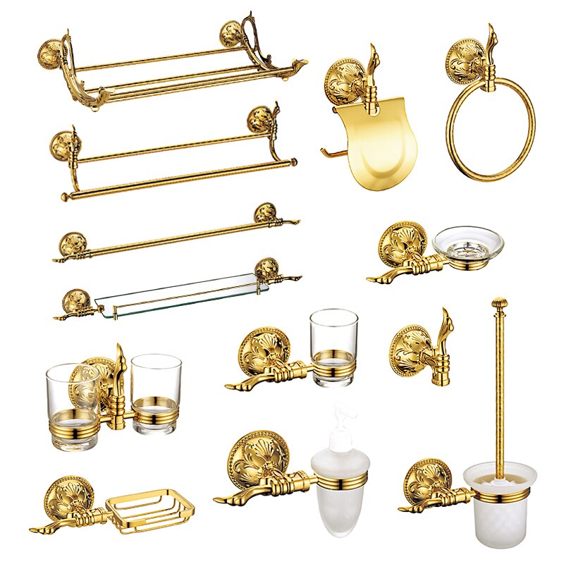 Luxury Gold Bathroom Accessories Set Antique Bathroom Shelves Towel Bar Toilet Paper Holder Cup Soap Holders Toilet Brush Holder