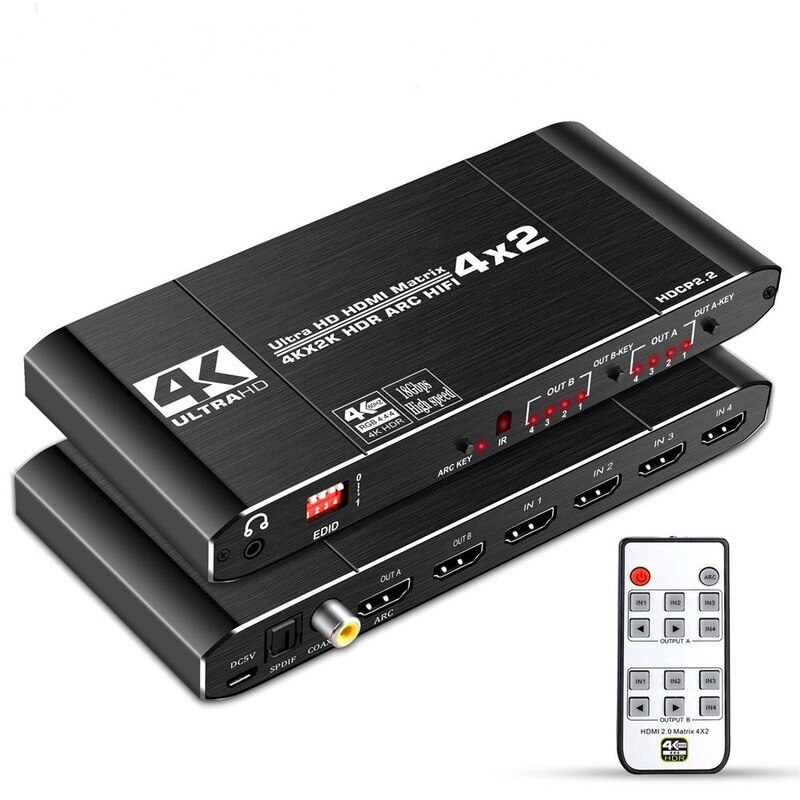 HDMI2.0 Matrix 4 In 2 Out Matrix 4X2 4K60hz Audio Separation + ARC HDCP2.2 EDID Audio Extraction and Settable EDID