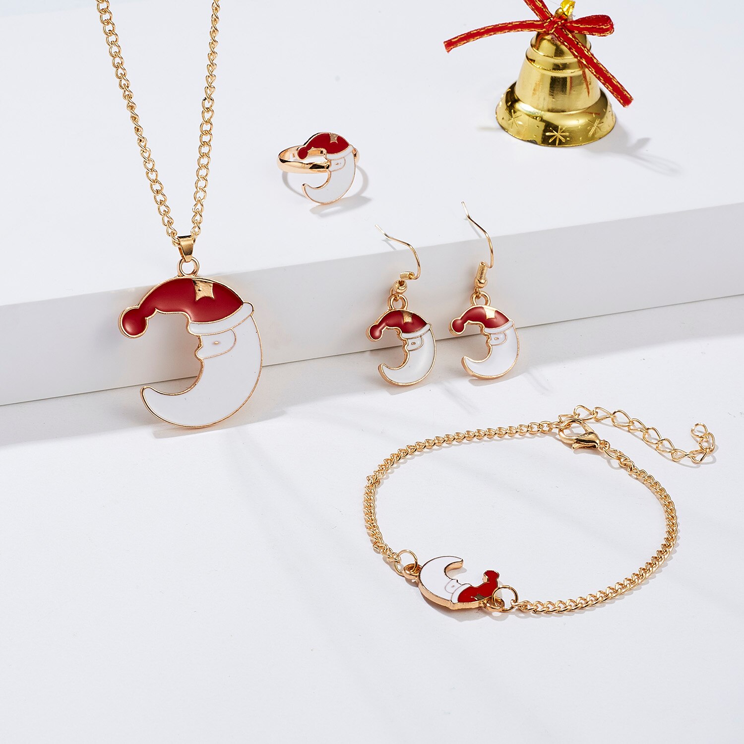 4 pçs/set novo natal encantos pingentes conjunto de jóias árvore natal cervos sinos papai noel brincos colar pulseira anel presente