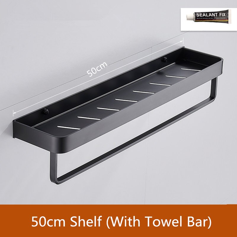 Badkamer Zwarte Plank Met Handdoek Bar Ruimte Aluminium Hoek Planken Handdoekenrek Met Haak Shampoo Houder Keuken Opbergrek: 50cm with bar