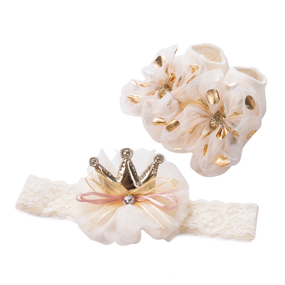 Lovely Baby Girl Socks and Headband Set Flower Bowknot Crown Headwrap + Booties Socks 2Pcs Set: C