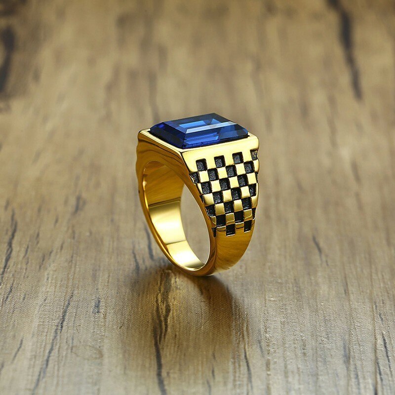 Chevalière homme motif damier ton or et coupe bleu CZ acier inoxydable Rectangle Royal bijoux