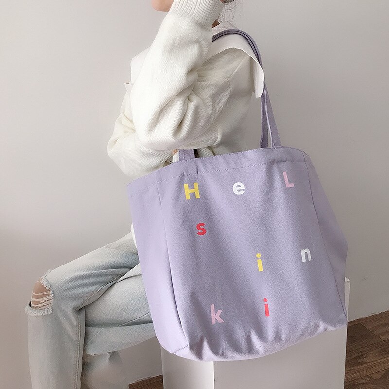 Simple Letter Women Canvas Shoulder Bag Large Capacity Ladies Reusable Shopping Bags Female Girls Travel Casual Tote Handbags: h Purple