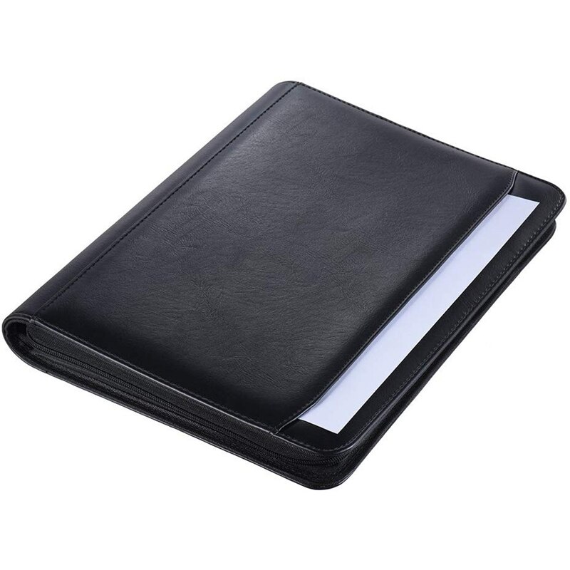 A4 Leather Business Portfolio Padfolio Folder with Business Card U Flash Disk Holder Memo Note Pad Loose-Leaf Loop