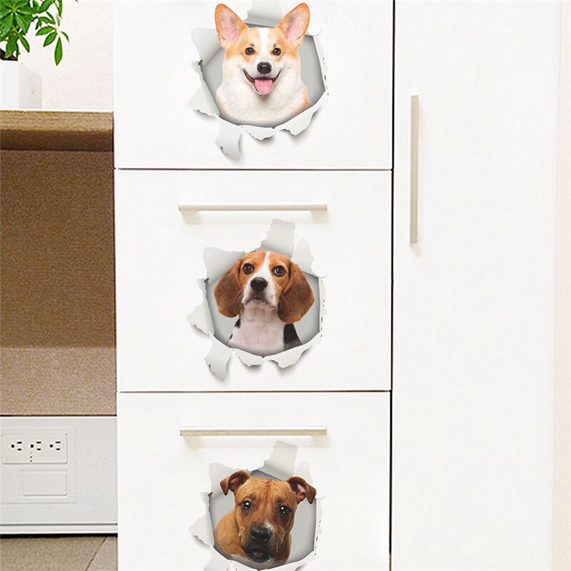 Leuke Hond Kat 3d Gebroken Gat Wc Stickers Voor Wasruimte Huis Decoratie Diy Ainimals Muurschilderingen Cartoon Puppy Kitten Kids decal