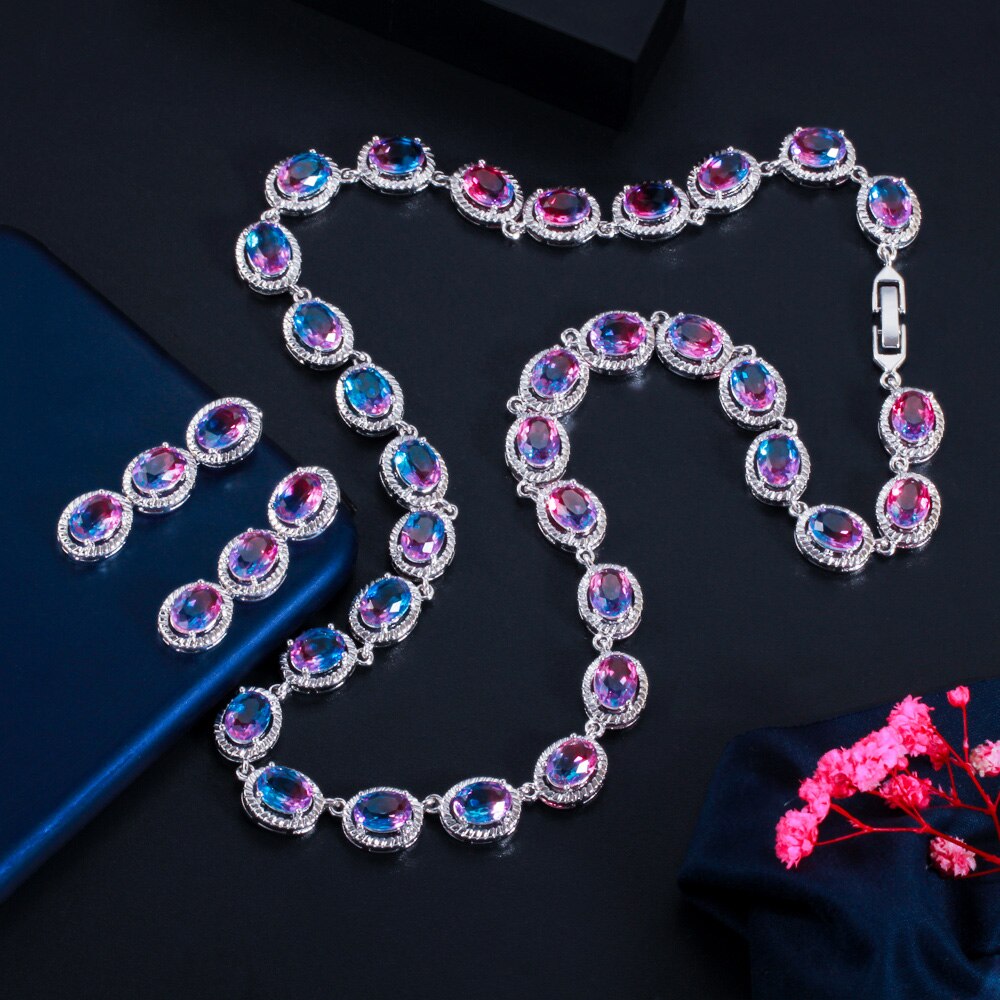 CWWZircons SchöNe Regenbogen CZ Mystischen Stein Runde Tropfen Frauen Partei Halskette Ohrringe Braut Hochzeit Schmuck setzt T520
