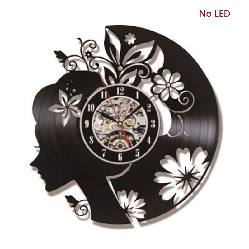 Blume Mädchen Vinyl aufzeichnen Wanduhr LED Beleuchtung Zauberstab Kunst Dekor Jahrgang retro 3D Uhren Zauberstab Uhr Wohnkultur Geburtstag: Nein LED