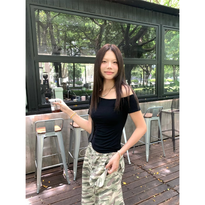 Slanted Collar Off Shoulder Short Sleeved T-shirt for Women Summer Slim Fit Spice Girl Streetwear Chic Y2k Top: S / black