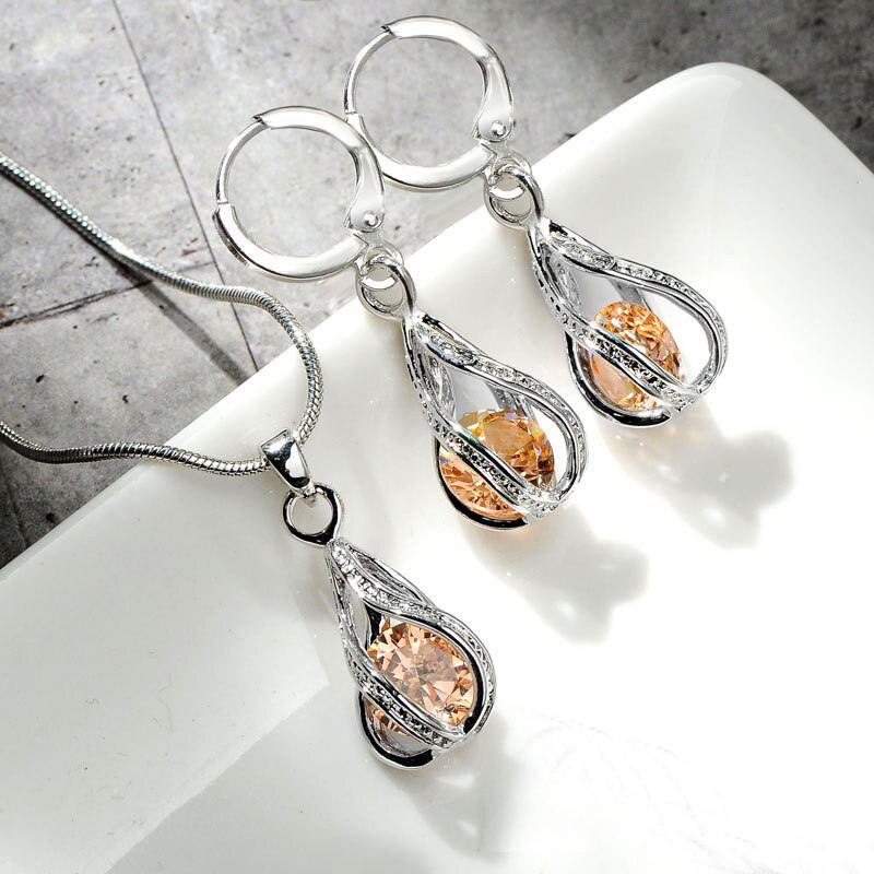 Conjunto de joyería de cristal de arcoíris para mujer, joyería delicada, colgante de Color plateado, pendientes para mujer, collar de cadena de boda geométrico de lujo: Champagne