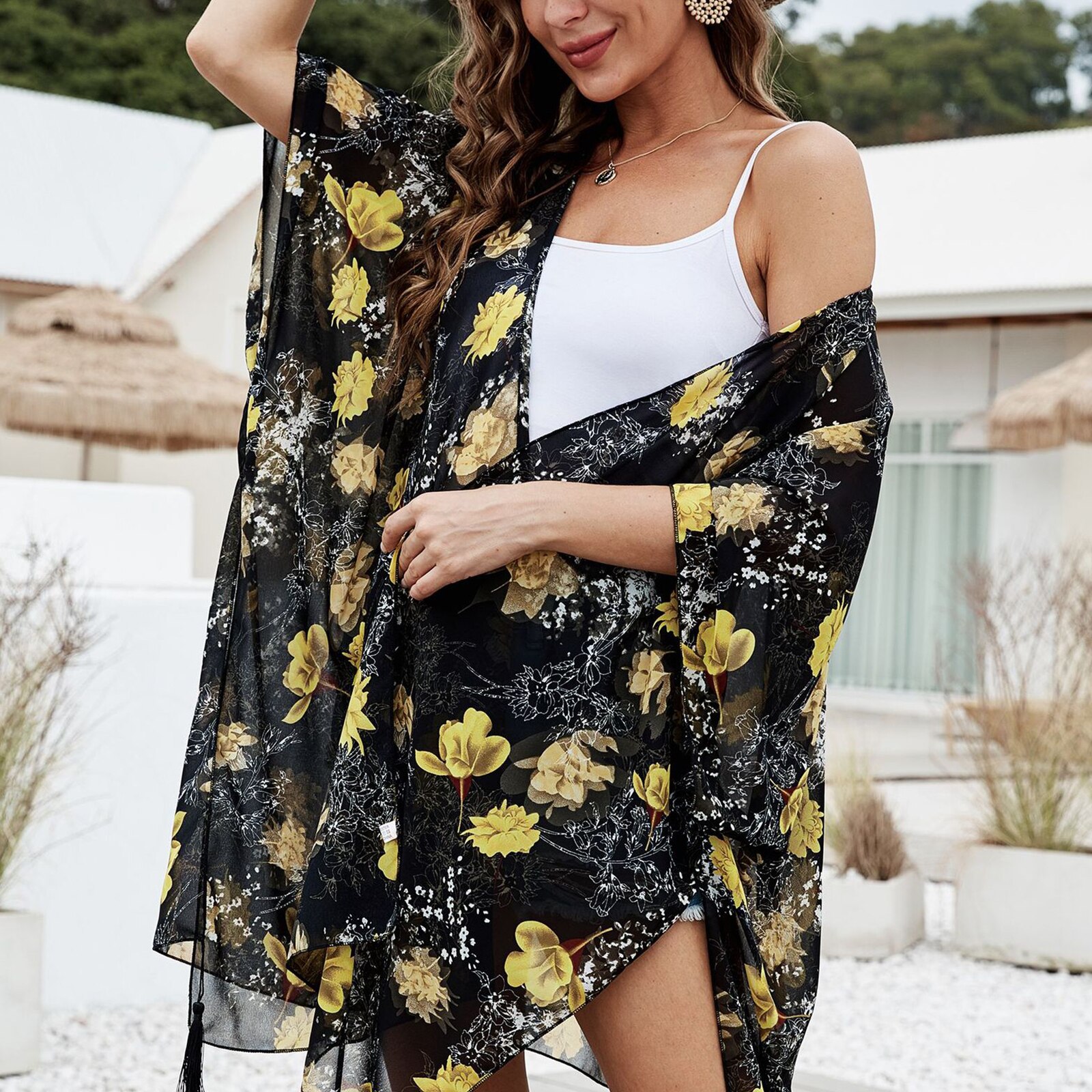 Kimono de gasa para mujer, cárdigan, Top, capa de playa, Bikini, cubierta