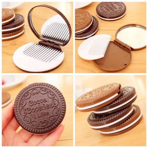 Mini Pocket Chocolade Cookie Koekjes Compacte Spiegel Met Kam ~ Leuke ~ diepe koffie kleur