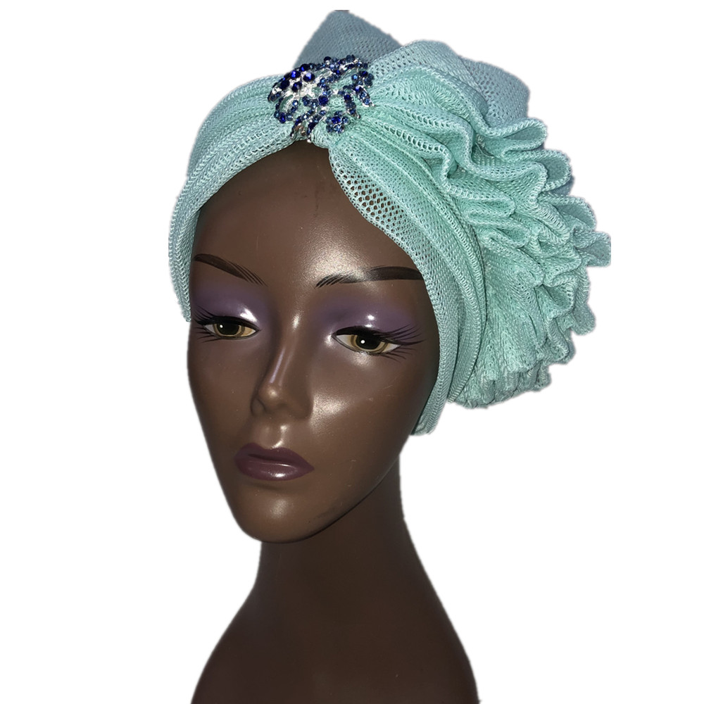 Blue Aso Oke Gele African Headtie Already Made Gele Head Wrap Ladies Hat auto headtie Muslim aso oke gele-: 5