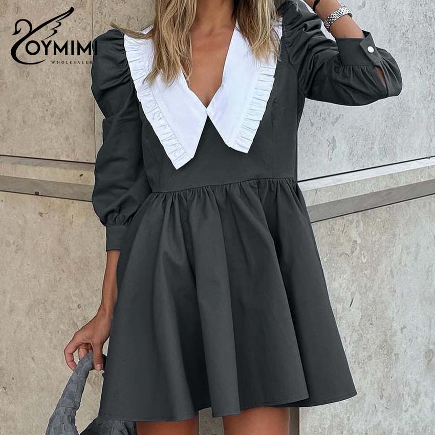 Oymimi Elegantes schwarzes Patchwork-Damenkleid, lässiges Peter-Pfanne-Kragen-Kleid mit drei Viertelärmeln, modische plissierte Minikleider: L / Grau