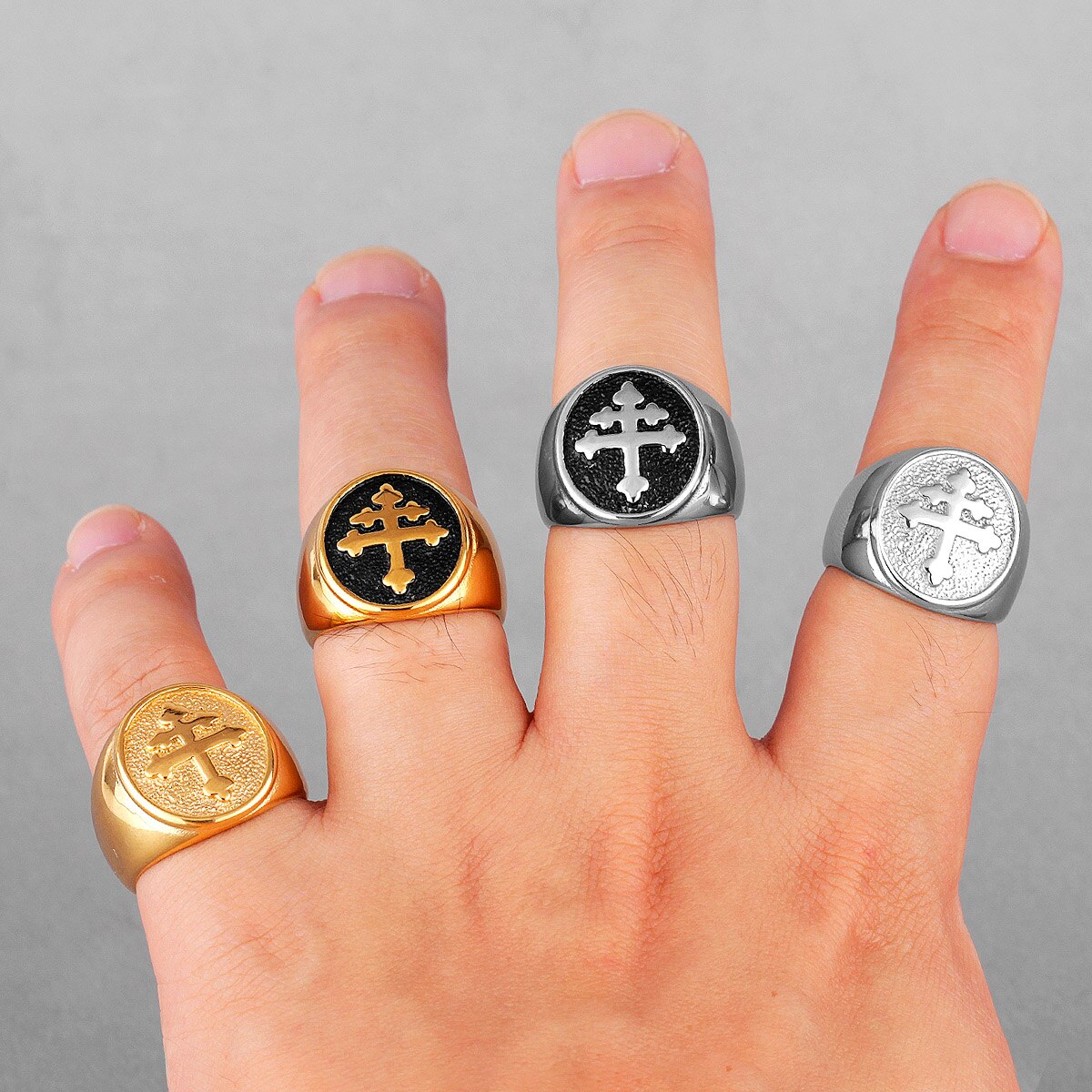 Catholic Lorraine Cross Joan of Arc Stainless Steel Mens Rings Amulet For Male Boyfriend Biker Jewelry Creativity