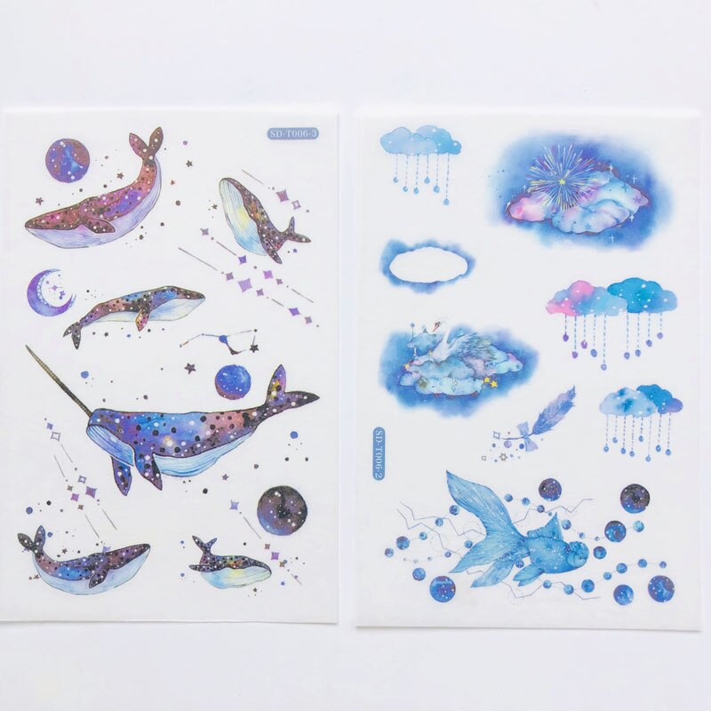 Autocollant de décoration ciel étoilé nuit, planète lune baleine, étiquette autocollante pour journal intime, Scrapbooking, 6 feuilles/paquet