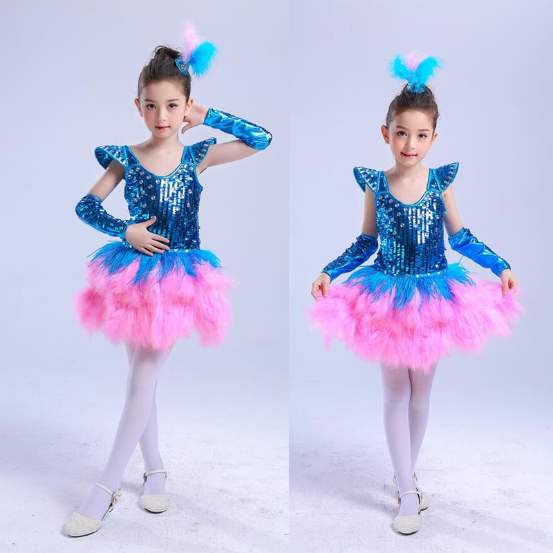 Pink Blue Girls Sequined Modern dance dress Kids Party dancewear costumes Outfits Children Ballroom Jazz Hip Hop dancing dress