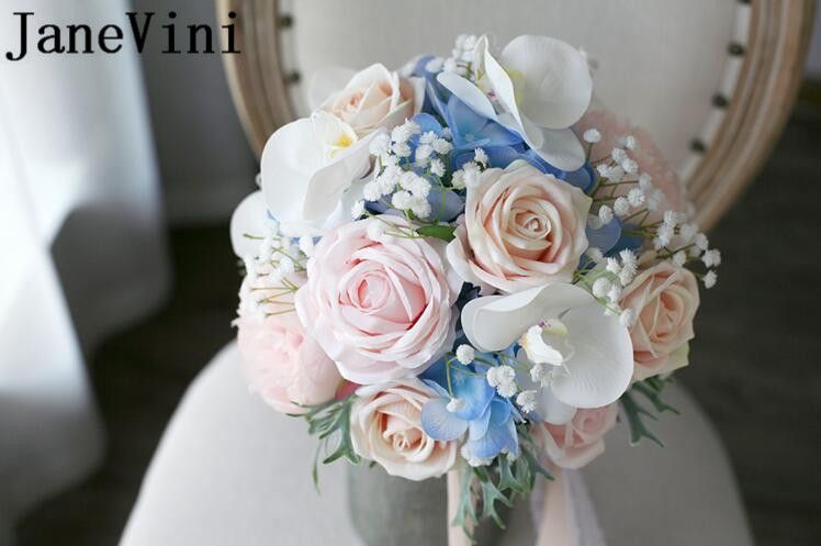JaneVini Kunstmatige Orchidee Bruidsboeket Champagne Roze Rose Bloemen Broche Blauwe Hortensia Bruidsboeketten Fleur Mariage
