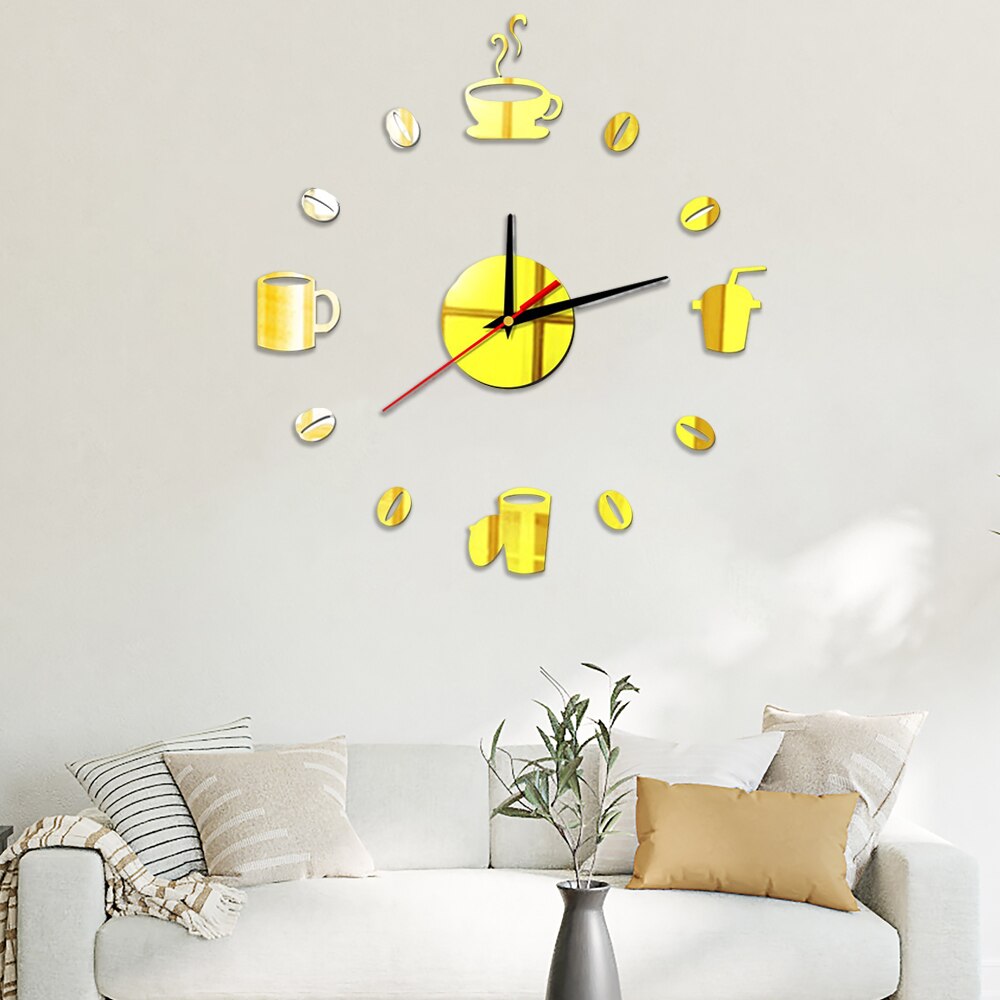 Reloj de pared silencioso para cocina, pegatinas de pared con efecto espejo acrílico, decoración moderna de cuarzo, granos de café, bricolaje