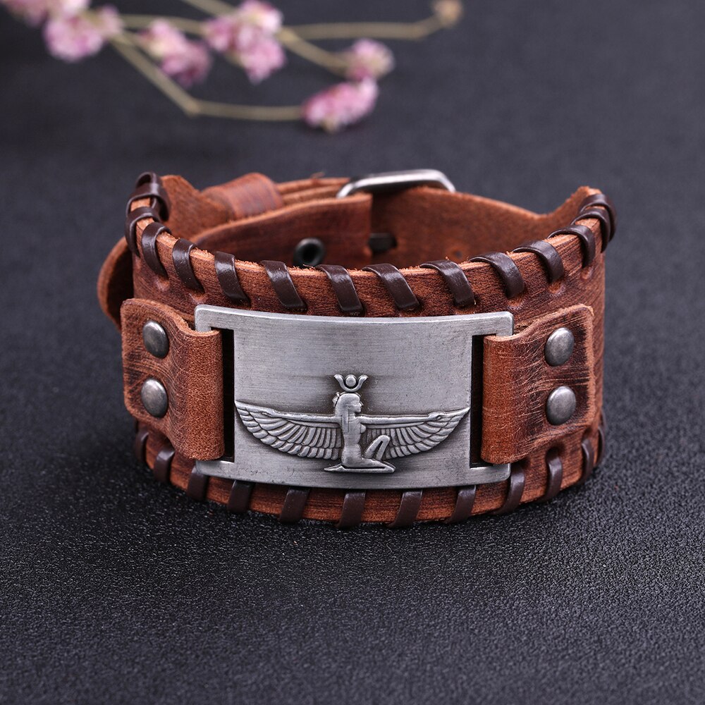 Likgreat Bruine Brede Braid Lederen Armband Koningin Van Egypte Heilige Guardian Bedelarmband Mannen Amulet Cleopatra Vii Charm Sieraden