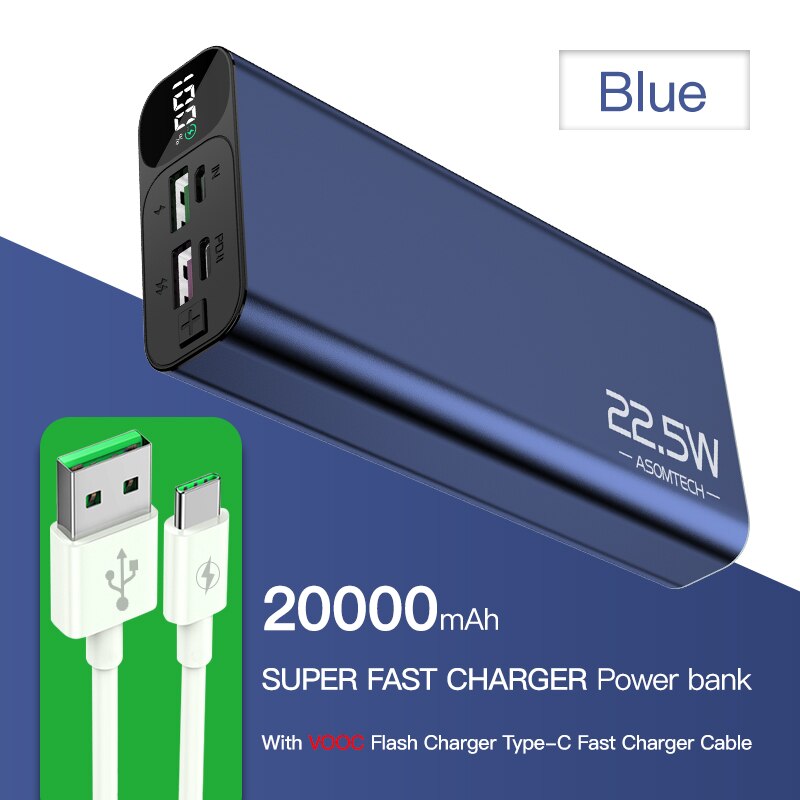 TOPZERO 20000mAh Power Bank PD QC 3.0 VOOC 22.5W Super Fast Charger Digital Display Portable Charger Powerbank For Mobile Phones: Blue with VOOC Cable