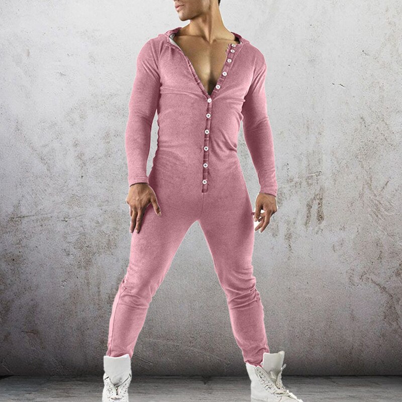 Plaid Print Men's Pajamas Men's Adults Playsuit Pajamas Back Cover Back Button Home Flap Adults Casual Jumpsuit Men: Pink / XL