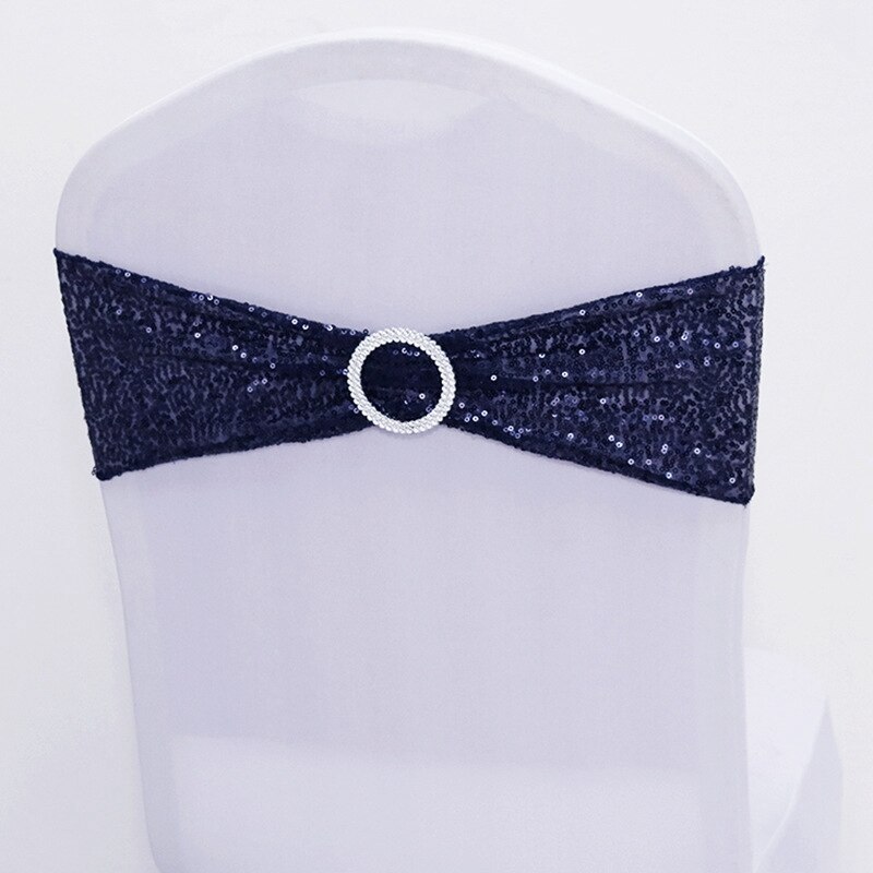 Sequin Chair Bands Stretch Spandex Chair Sash Band with Round Buckle for Wedding Events Banquet Decoration Party Supply: Navy Chair Band