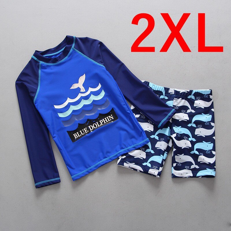 UPF50+ Summer Swimwear kids Boy Child 2pieces Separate Bathing Suit Cartoon Long Sleeved Blue Children's Swimwear Swimming Suit: 2XL