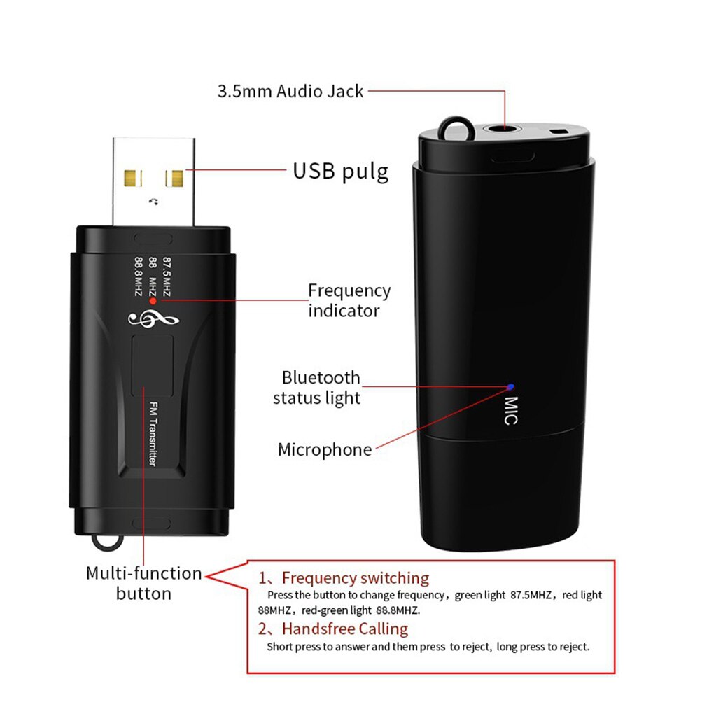USB Handsfree Wireless Bluetooth 5.0 Receiver Car FM Transmitter Dual Output Stereo Call MP3 Player 3.5mm AUX