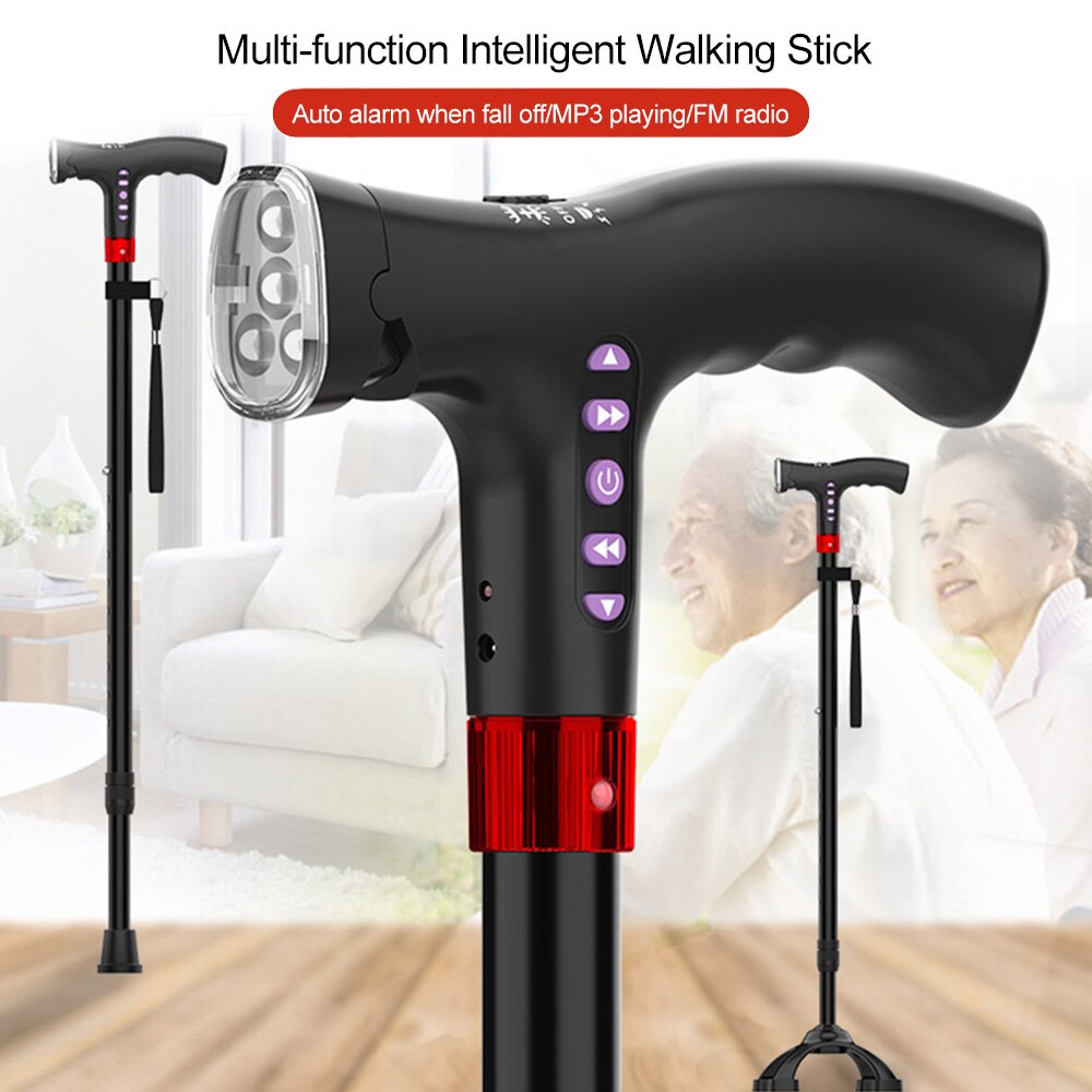 Lightweight Adjustable L-ED Walking Cane FM Radio MP3 Smart Safety Fall Alarm Walking Stick for Elderly