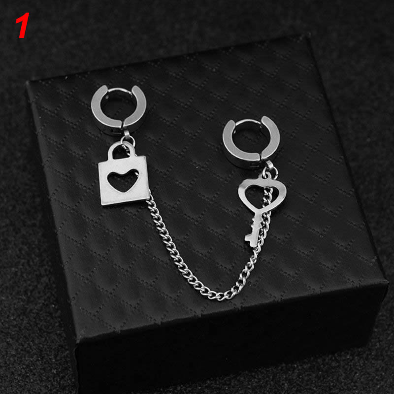 acier inoxydable oreille chaîne clé serrure lame pendentif hommes femmes boucle d'oreille couleur: 1