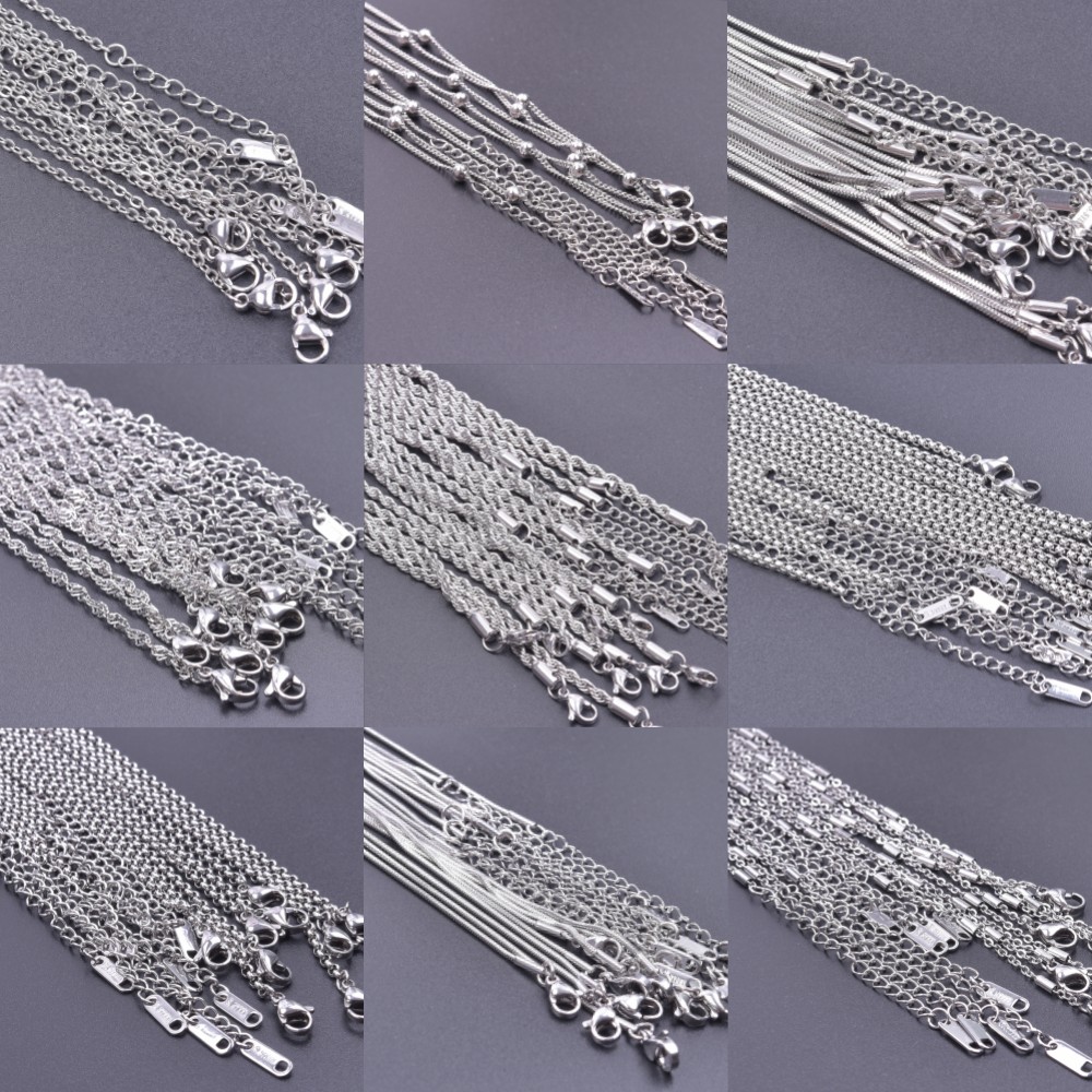 10pcs/Lot Stainless Steel 45cm Adjustable Chain Necklace For Women Men Chains DIY Components 1.2/1.5/1.6/2/2.2/2.5/3mm