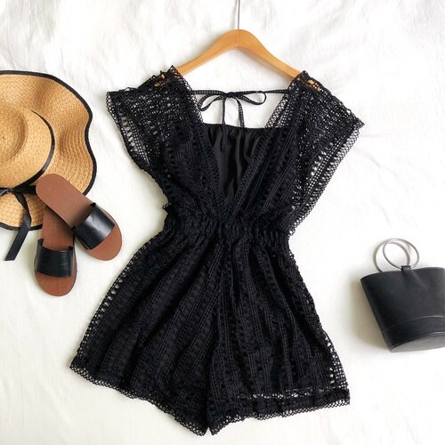 Woherb dam sommar playsuits ihåliga v-ringade spets jumpsuits med breda ben med hög midja kort jumpsuit strand lösa byxor: Svart jumpsuit