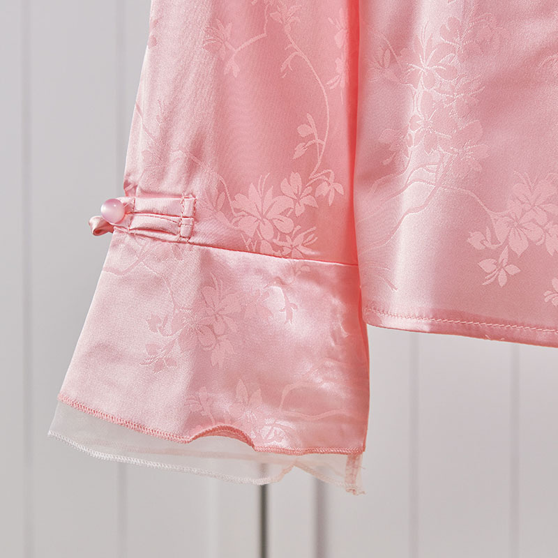 Vintage kinesisk stil jacquard skjorter høj hals perlespænde pink langærmet dame med temperament elegance kontor basics skjorte
