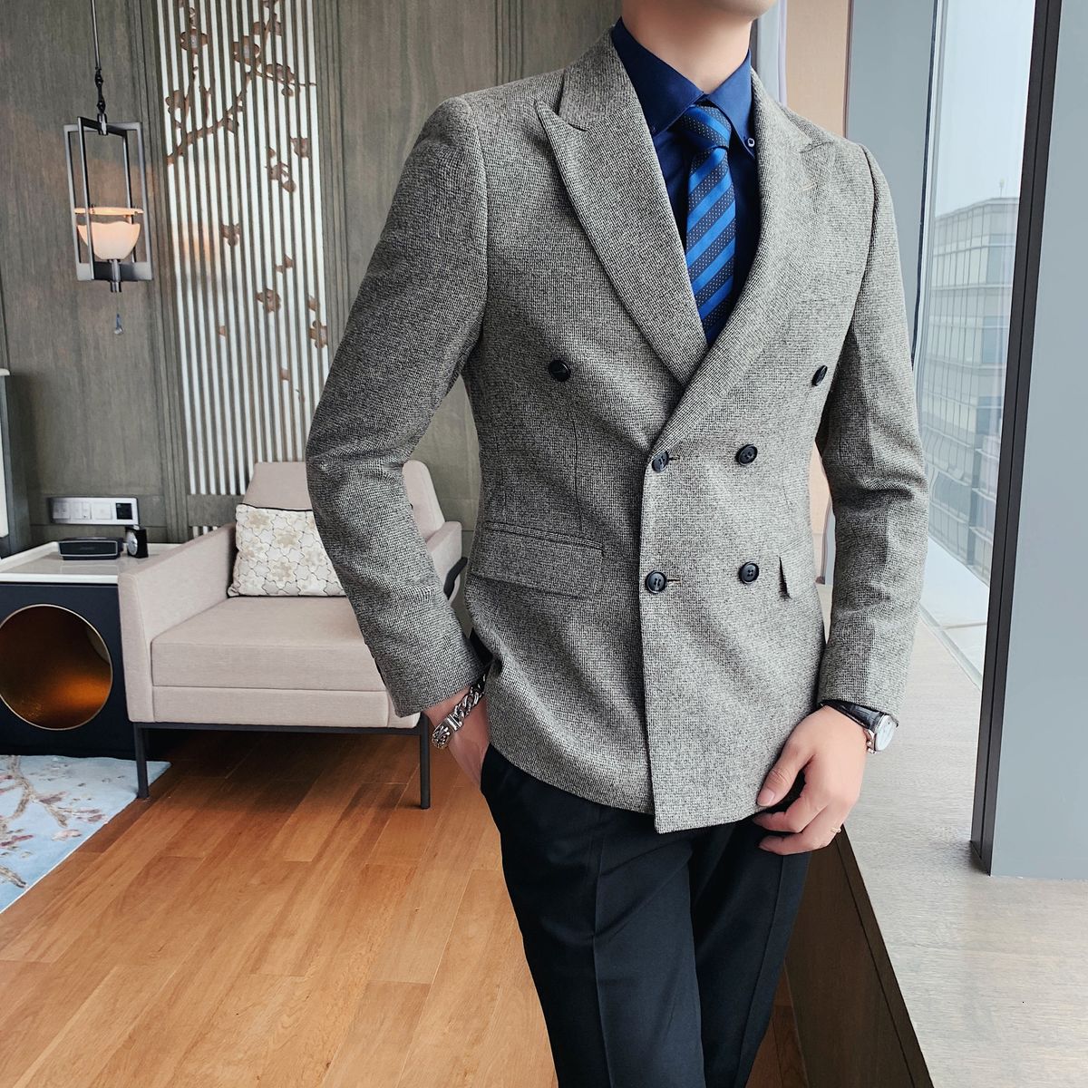 Grey Black Tweed Blazer Men Double Breasted Slim Fit Casual Blazer Hombre Retro Solid Suit Jacket Men Social Business Outfit Men