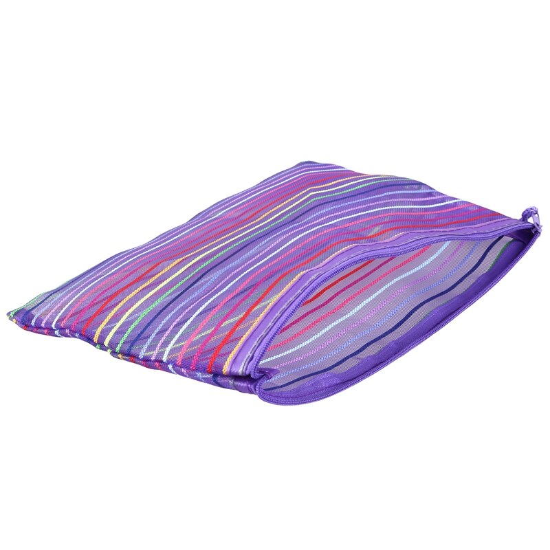 A5 Nylon Stripe Zipper Closure Documents Mesh File Bag - Purple