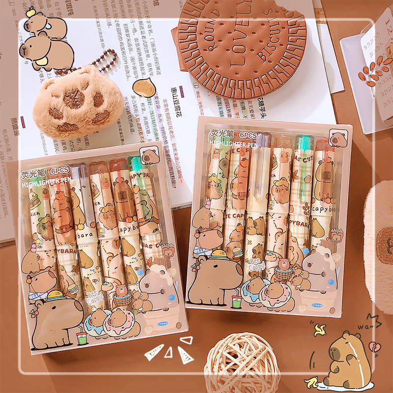 Suministros de papelería kawaii, accesorios escolares, bolígrafos bonitos para dibujar, marcadores de colores, rotuladores resaltadores de capibara, papelería estética