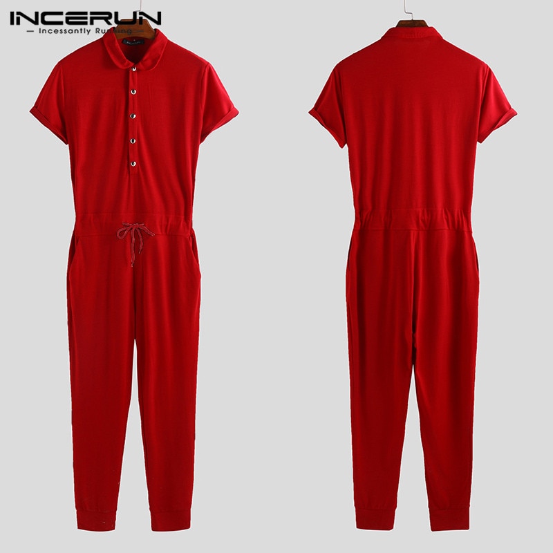 Incerun menn jumpsuit lapel neck rompers solid shortsleeve fitness hiphop bodybuilding menn overalls bukser streetwear s -5xl