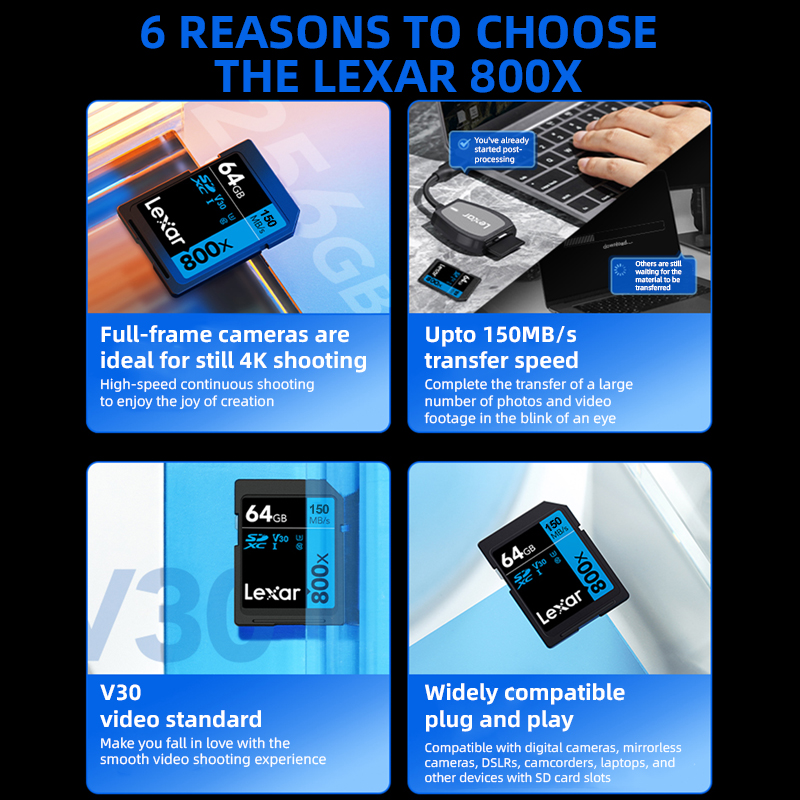 Karta SD Lexar 32GB 128GB 64GB 256GB Karta Pamięci Klasy 10 3D 4K V30 Video High Speed UHS-I 150MB/s Karta do Aparatu