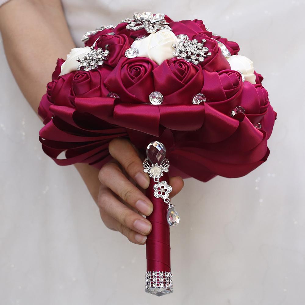 JaneVini Luxury Rhinestone Fuchsia Bridal Hand Bouquets Wedding Flowers Artificial Satin Roses Beaded Wedding Brooch Accessories