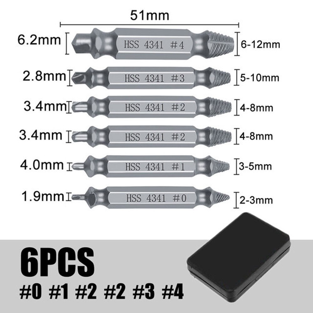 Double-Head Screw Extractor Set Broken Bolt Remover Easy Stripped Broken Rusted Unscrew Deck Screws: F 6PCS