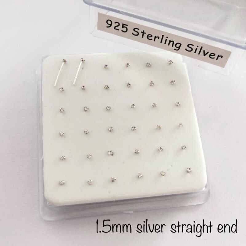 Hellolook 1.5Mm Clear Crystal 925 Sterling Zilveren Neus Stud Rechte Mode Vrouwen Delicate Neus Piercing Sieraden 36 Stks/pak: silver straight end